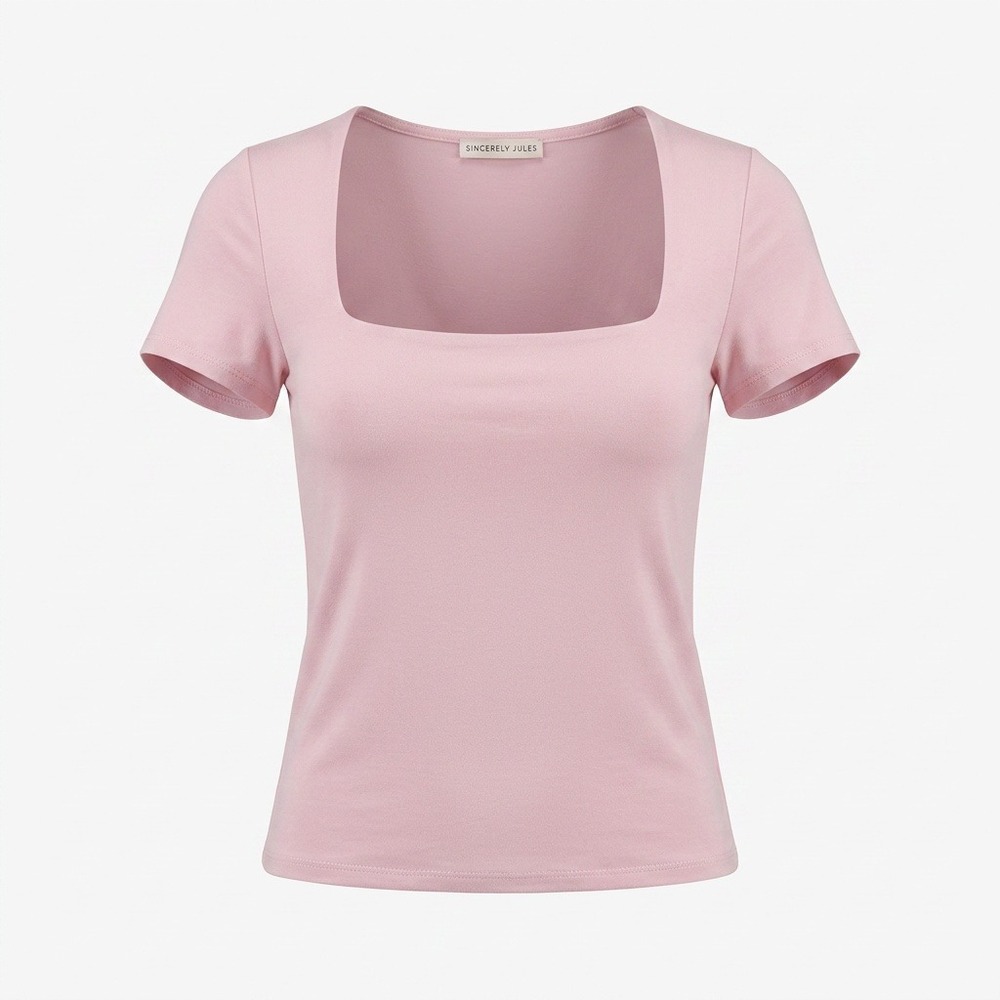 Sincerely Jules Pink Square Neck Cutout Top Short Sleeve Stretch Fitted